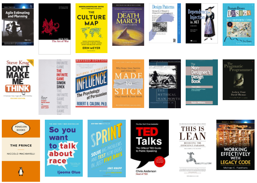 Screenshot of 2022 Book List covers of recommended books. Total 20 covers a bit blurred together, some jumping out because of their cover (e.g. "Don't Make Me Think", "Culture Map", "Death March", "Influence", "TED Talks").